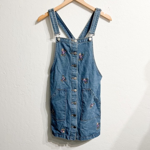 Bongo Denim Overall Mini Dress Flower Embroidered Floral Small Blue Cottagecore - Picture 1 of 6